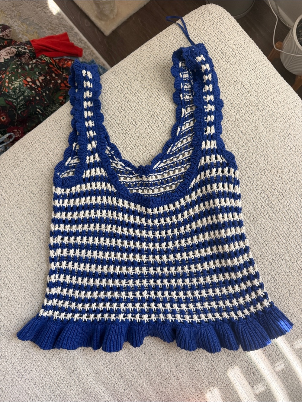 Blue & Cream Crochet Knit Ruffle Hem Tank Top